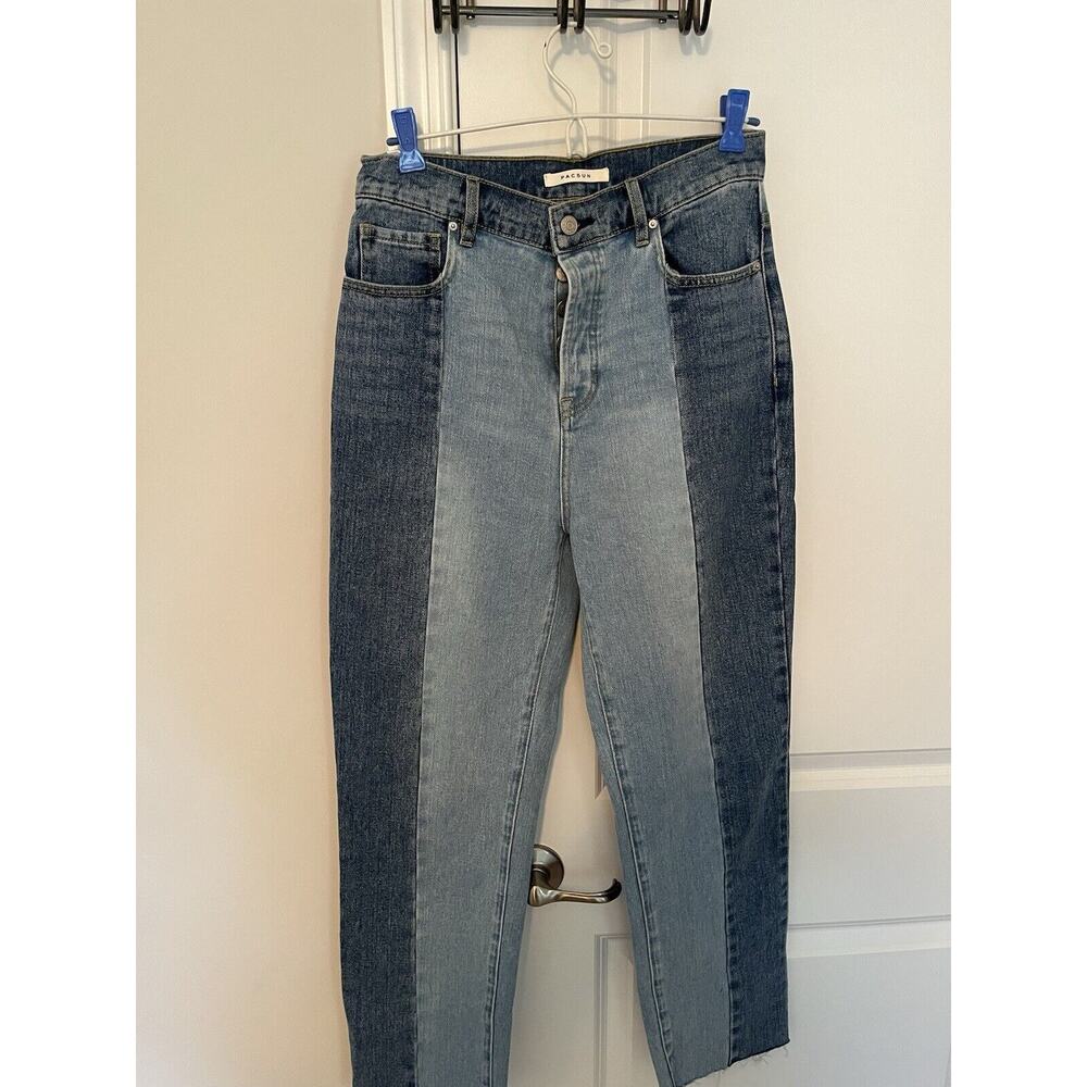 Pac Sun High Rise Straight Jeans Size 27 Two Toned Button Fly Distressed Hem